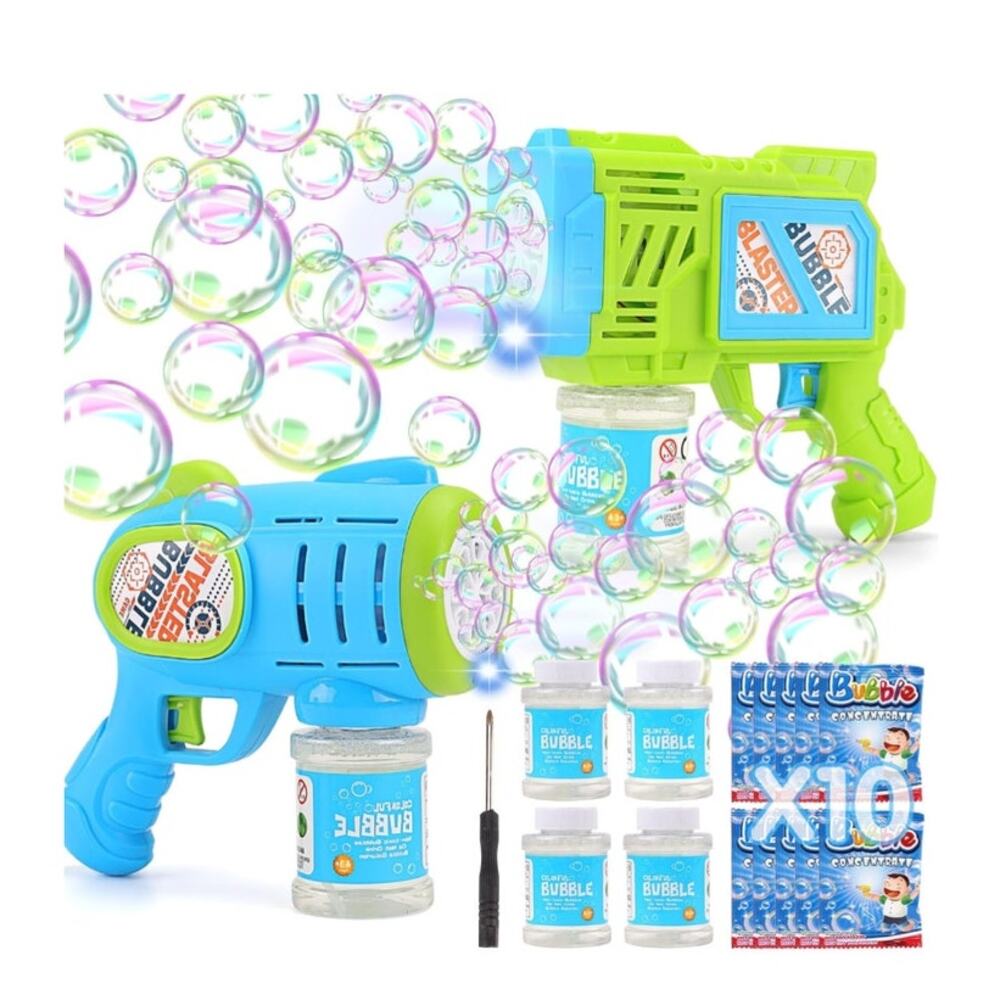 2 Pack Bubble Gun Machine Automatic Light Up, 4 Bottles 10 Bags Refill Solution